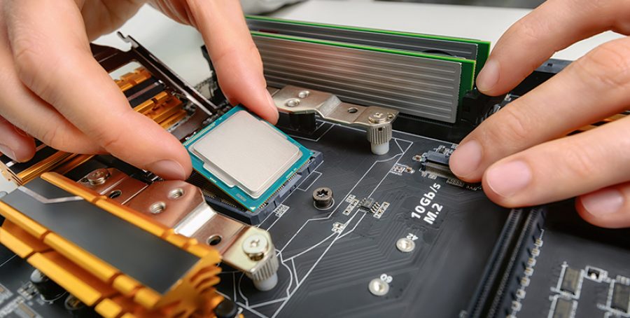 Assembling computer parts, closeup