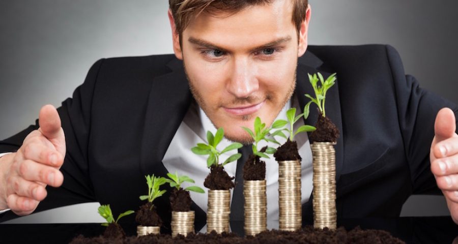 Businessman Protecting Coins In Saplings