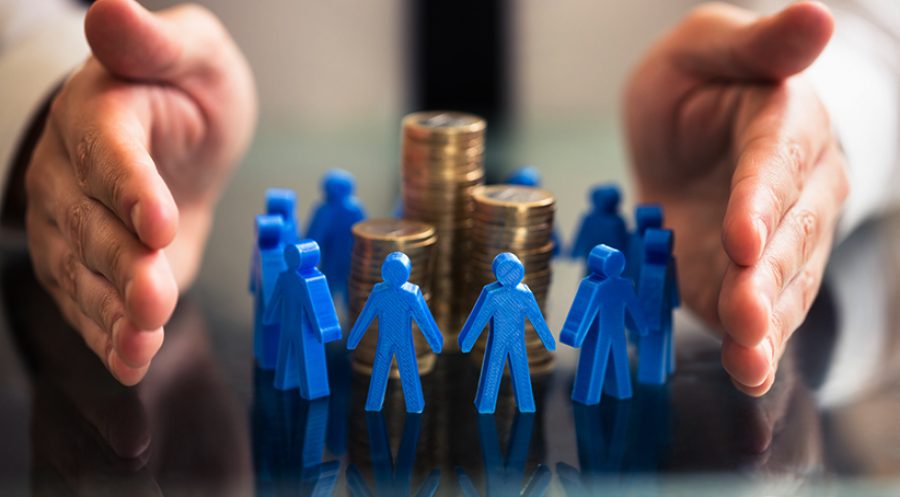 Protecting Blue Human Figures Surrounding Stacked Coins