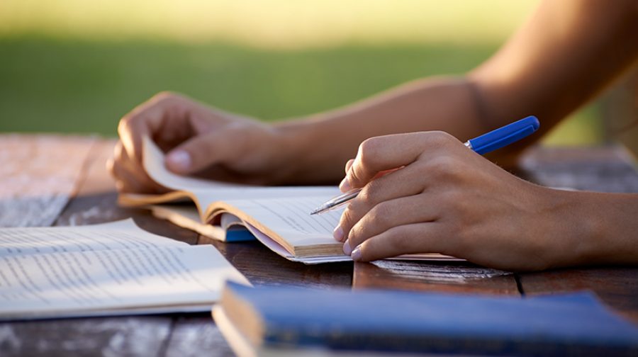 Young people and education, woman studying for university test