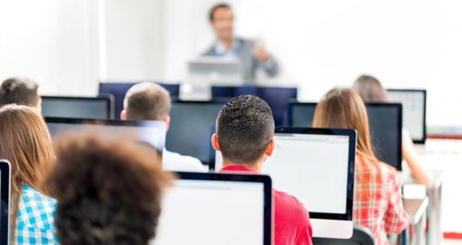 Rear view of group of people in a computer lab.